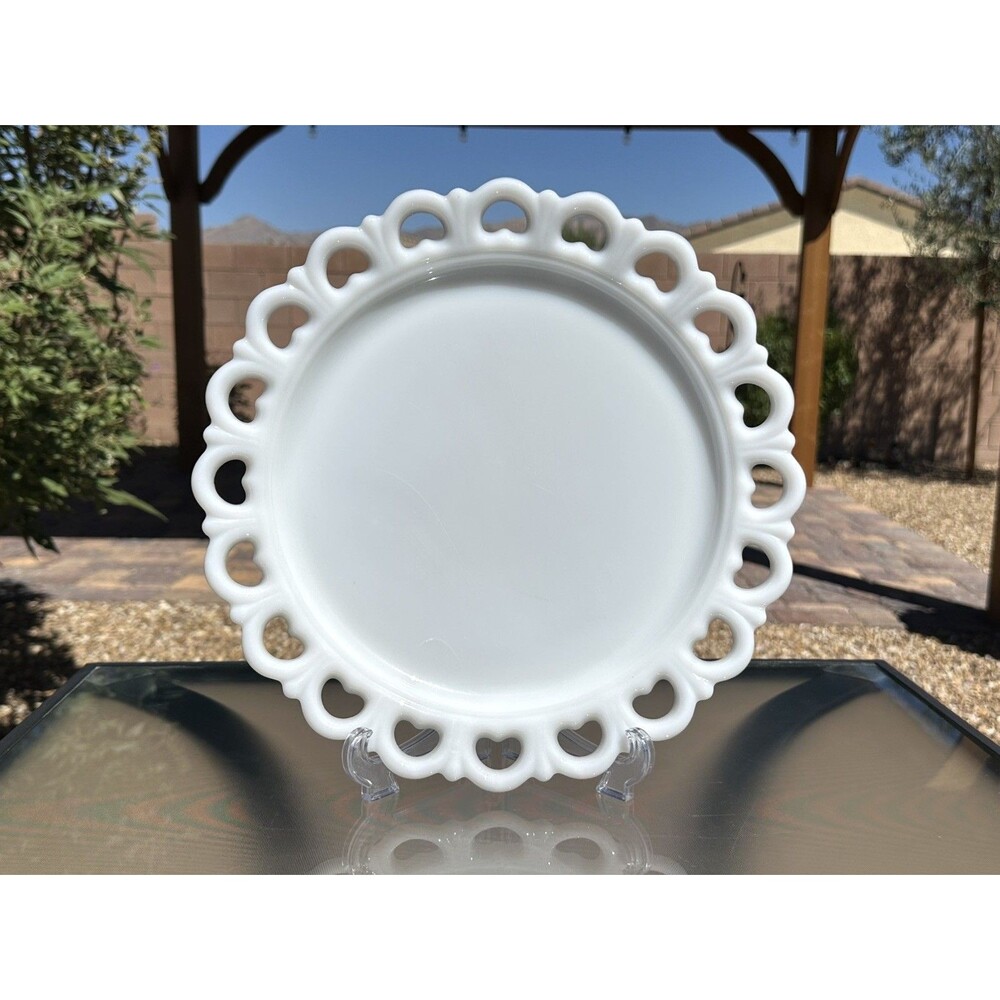 VTG Anchor Hocking Milk Glass Platter Cake Plate 13" Heart Lace Edge Old Colony
